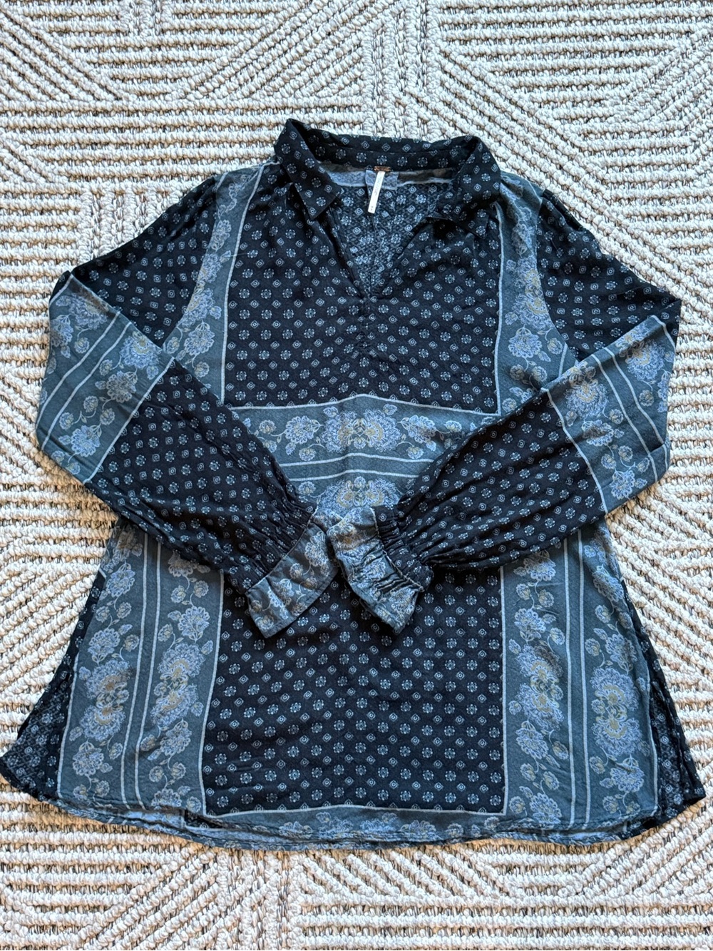 Free People Black and Light Blue Paisley Panel Tunic